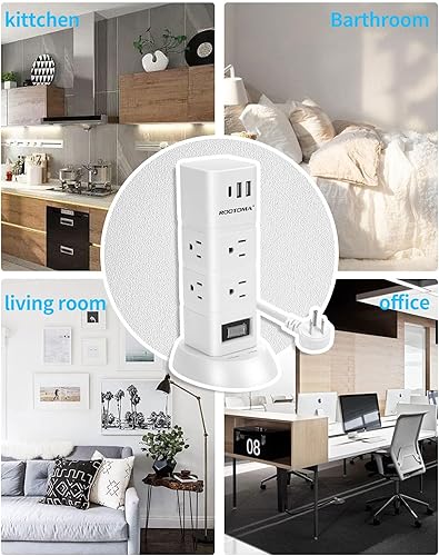 Miniatura 7 de Torre de regleta de alimentación, 6 tomacorrientes, protector de sobretensiones, 3 puertos USB (1 USB-C), cable de extensión de 6 pies con múltiples