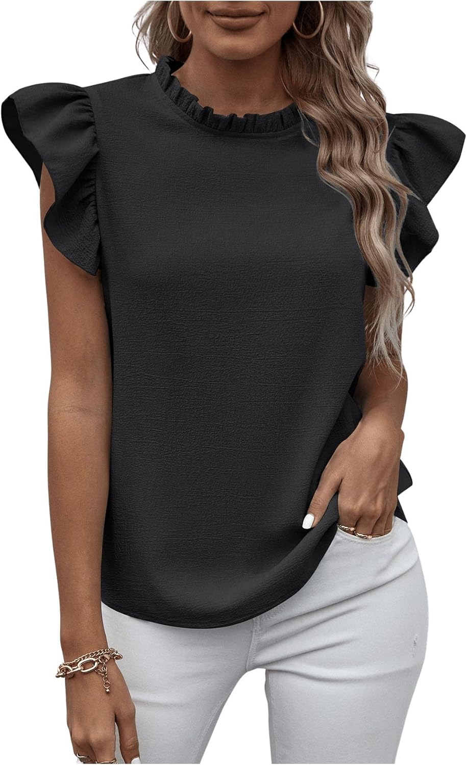 SweatyRocks Women's Ruffle Sleeve Summer Top Mock Neck Dressy Casual Blouse - Image 2