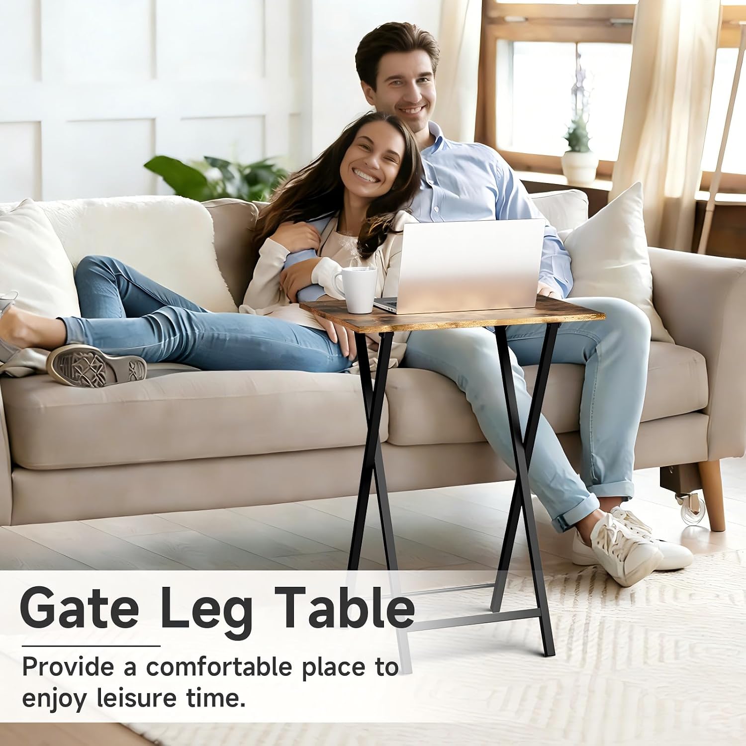 Folding TV Tray Tables Set of 2, Sturdy Wooden Side Tables for Living Room Couch, Foldable Dark Brown Coffee Tables, Ideal for Small Spaces