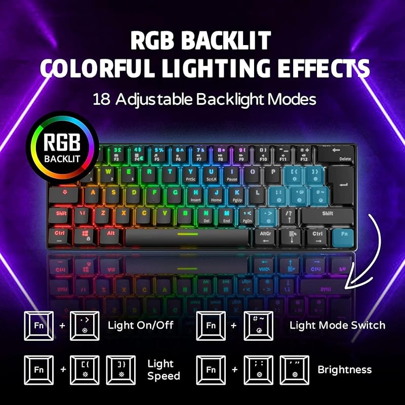 RK ROYAL KLUDGE RK61 RGB 60% Mechanikus Gaming Billentyűzet Wireless Bluetooth Kék Switch
