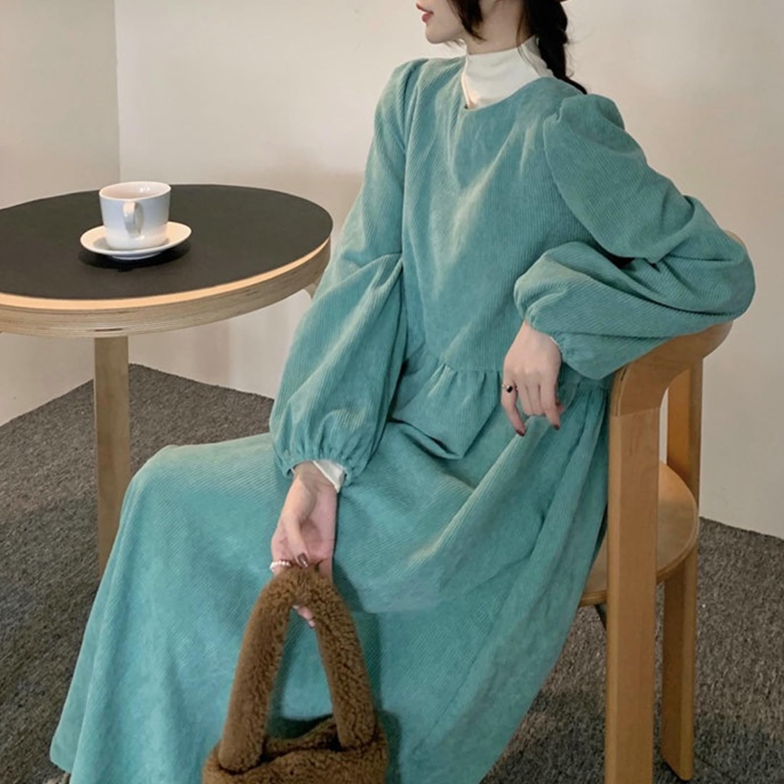 Vestito Donna Autunno Abito A Velluto A Velluto A Maniche Lunghe di Lanterna Francese Femminile Abito Lungo da Donna-Rosso Chiaro-XL