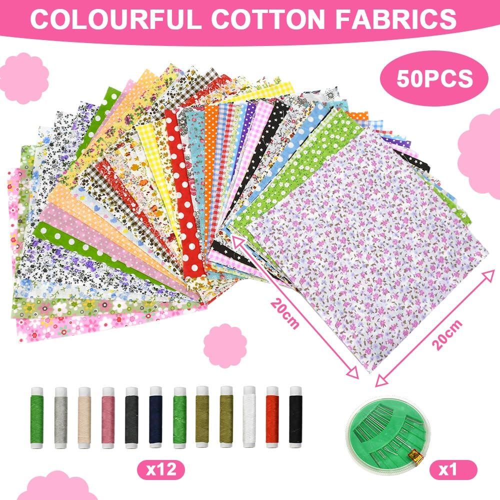 Tissus Coton 50PCS 20x20 cm Patchwork Colorés avec Fil et Aiguilles à Coudre