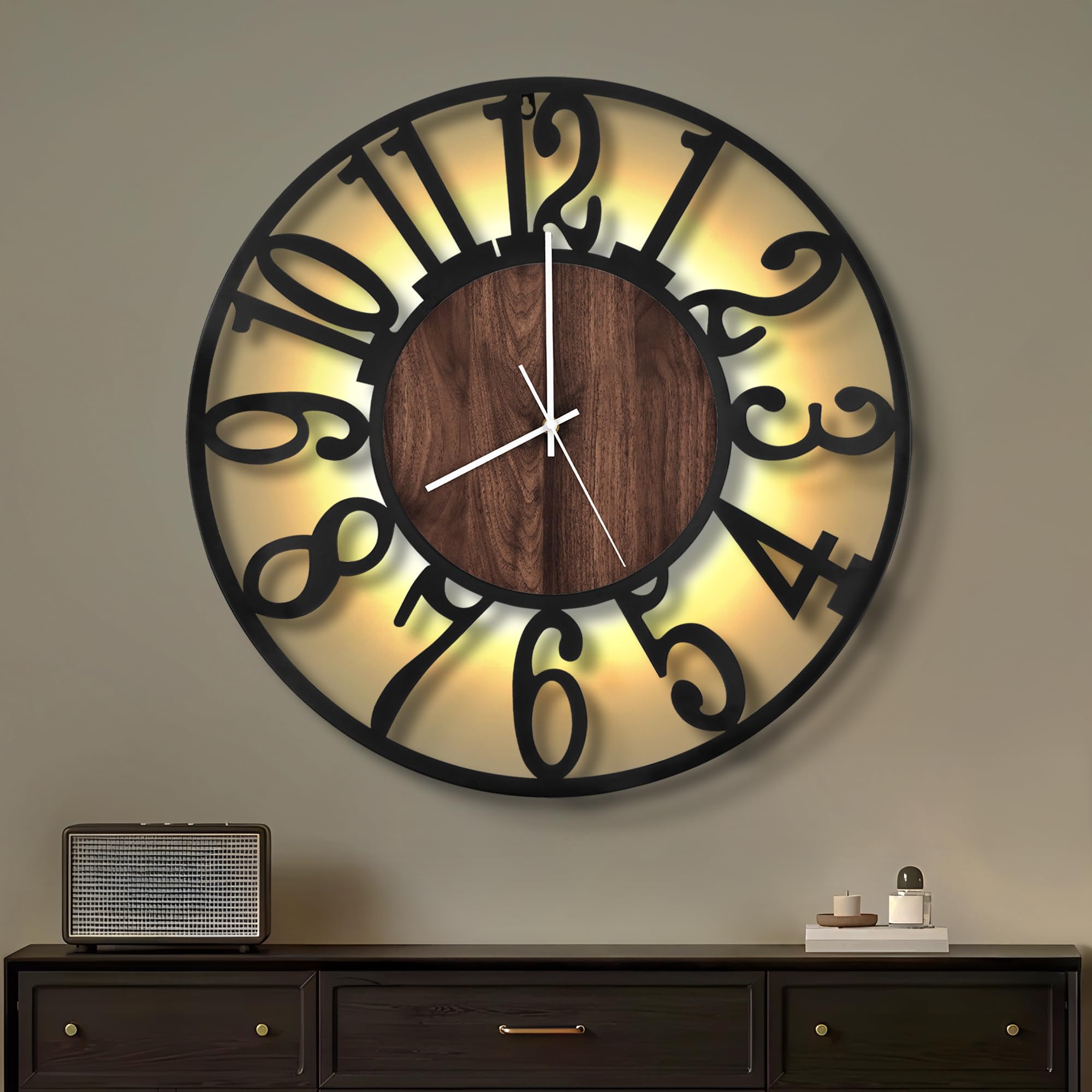 Maxstar Orologio da Parete 50CM per Soggiorno a Batteria, Silenzioso Senza Ticchettio, Stile Legno Metallo, LED Moderno Camera/Ufficio (Numeri Arabi, Nero-20)