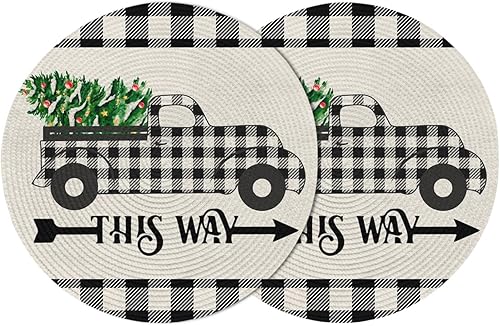Paquete de 2 manteles individuales redondos trenzados, diseño de búfalo negro y blanco, a cuadros, árbol de Navidad, camión de 15 pulgadas,