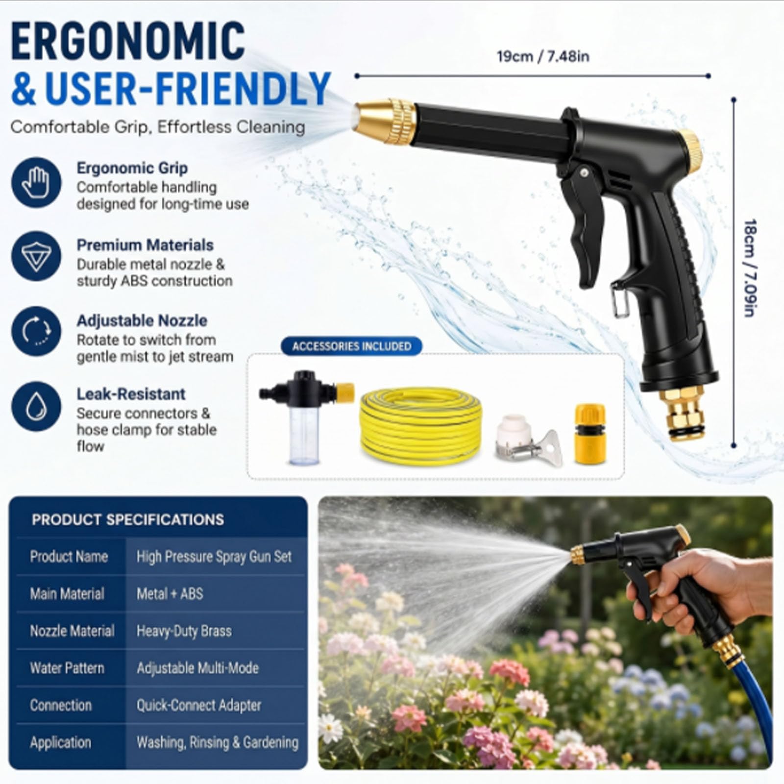 High Pressure Water Hose Nozzle, Adjustable Twist Hose Nozzle for Garden Hose, Car Wash Water Gun with Booster Nozzle, 3 Spray Patterns for Patio Plant Pet