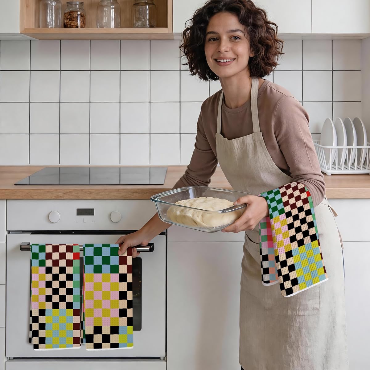 2Pcs Colorful Checkered Kitchen Towels, Courtly Check Waffle Dish Tea Towel image 5