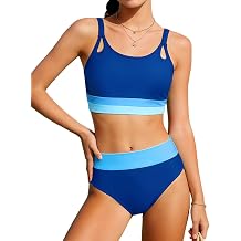 Girls Swimsuit Two Piece Bikini Sets Color-Block Adjustable Straps Bathing Suit with Padded Girls Swimwear 9-18Y