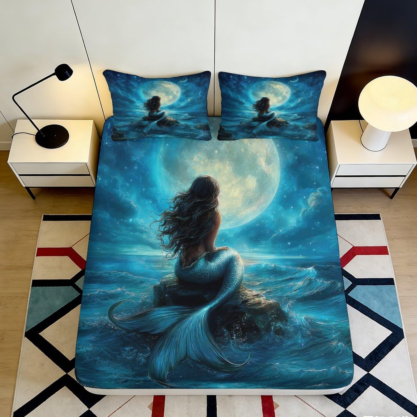 Pnayamiorkfel Style-1 3D Printed Moonlight Mermaid Fitted Sheet Microfiber Soft Bed Sheet Ocean Fantasy Mattress Cover Home Decor 90X200x25cm