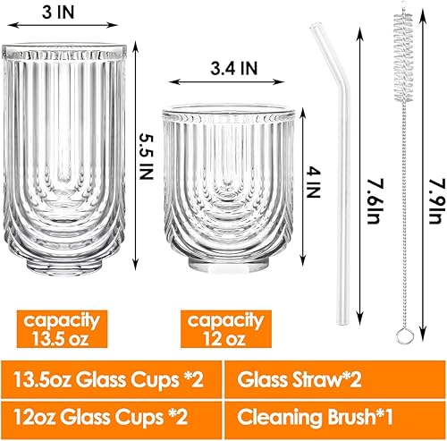 Miniatura 2 de Swetwiny Juego de 4 vasos de cóctel Art Deco, cristalería vintage con pajitas de vidrio, cristalería acanalada para café helado, jugo, agua, cóctel,