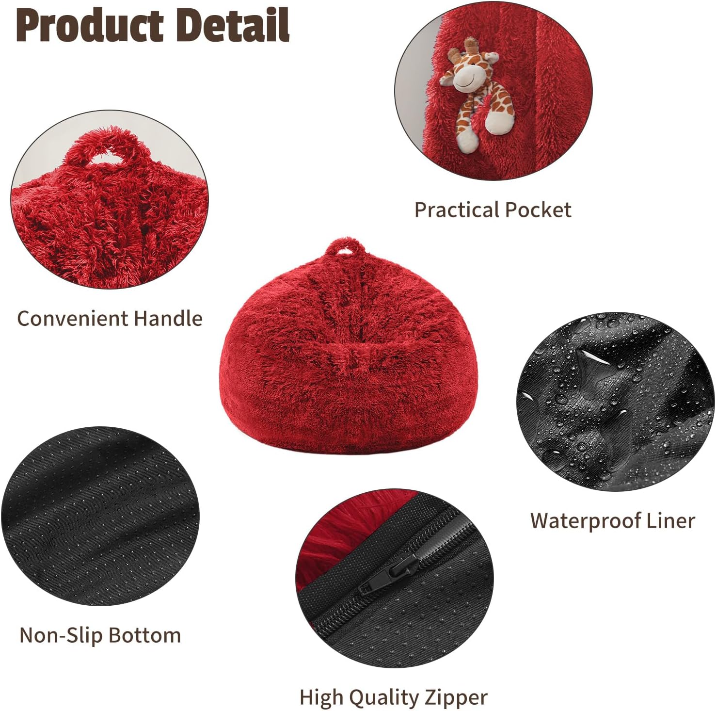 Bean Bag Cover (No Filler), Soft Faux Fur Stuffed Animal Bean Bag Storage, Fluffy Plush Bean Bag Chair Cover Washable, Comfy Bean Bag Covers for Adults Kids Teens, 38"x40" Red