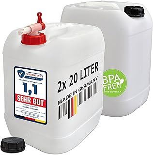 plasteo 2X 20 L Wasserkanister Trinkwasserkanister mit Hahn & Schraubdeckel | BPA-frei, lebensmittelecht | Camping, Outdoor, Kfz | Made in Germany