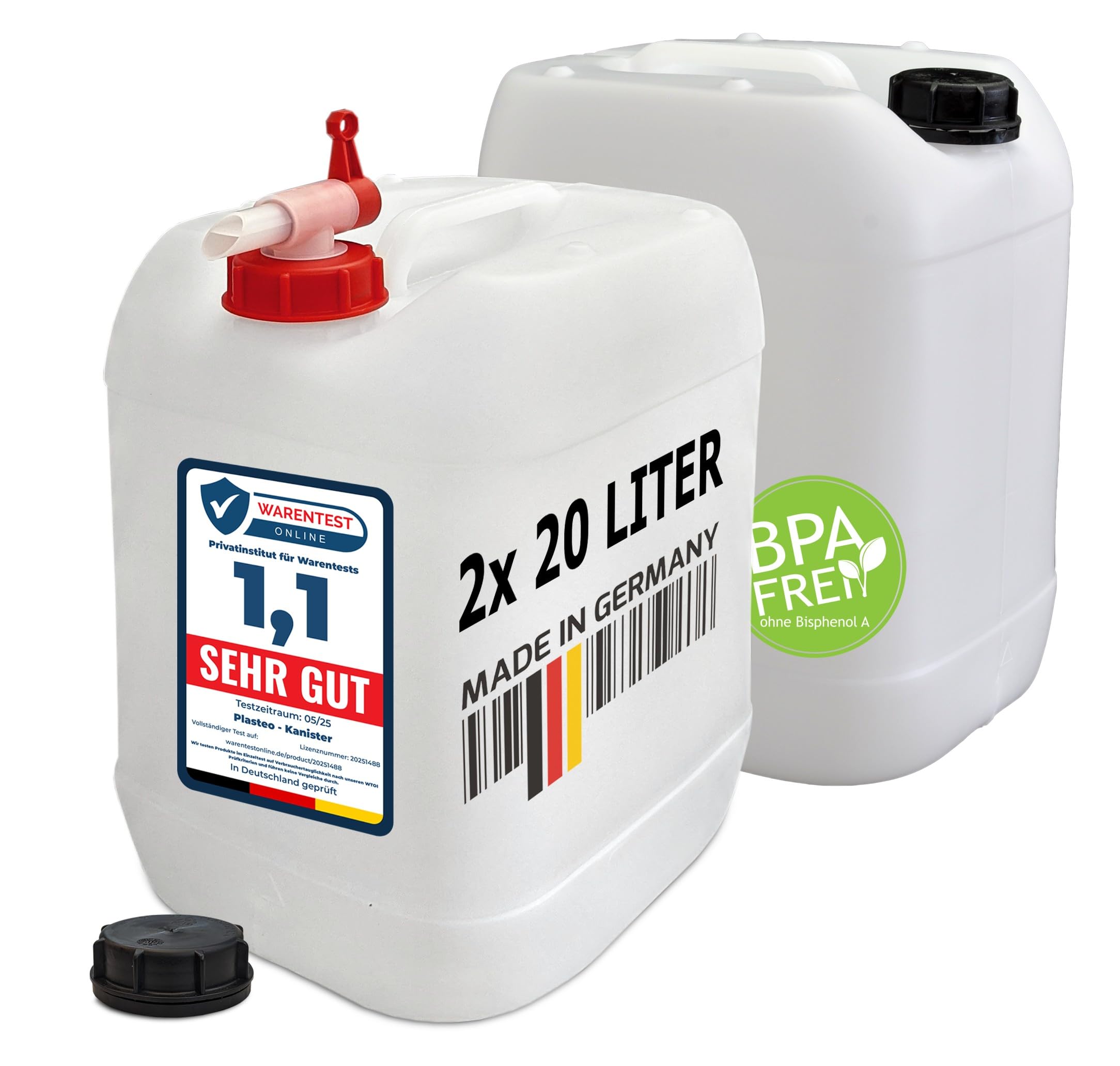 plasteo 20 Liter Getränke- Wasserkanister Natur mit Hahn und Schraubdeckeln | BPA Frei | Lebensmittelecht | Tragbar | Indoor und Outdoor | Made in Germany