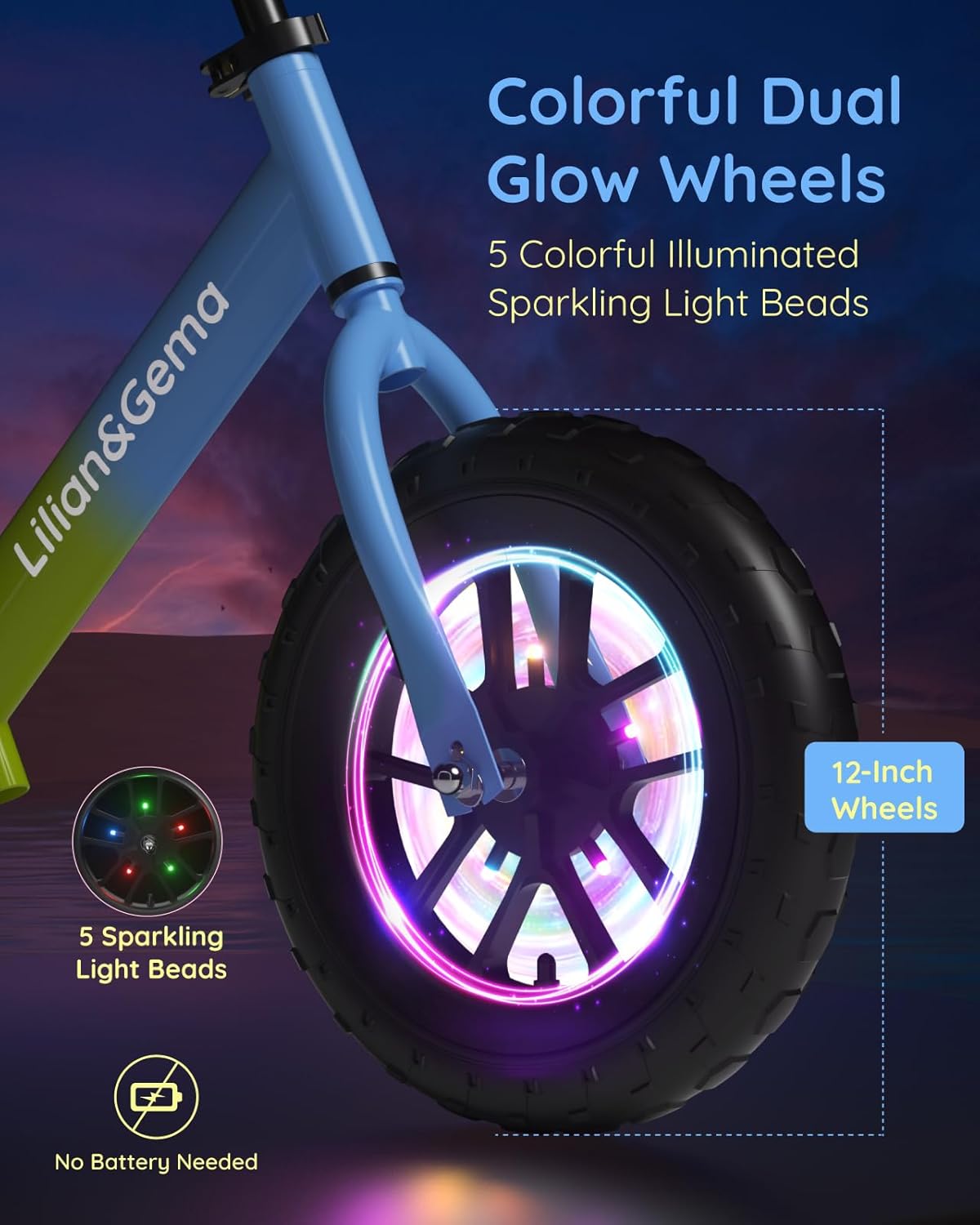 Lilian&Gema Toddler Balance Bike Colorful Lighting, 12'' Kids Balance Bike for 2-5 Years Old with Adjustable Seat & Handlebar, Toddler Gift Bike Suitable for Boys and Girls Ages 2 3 4 5