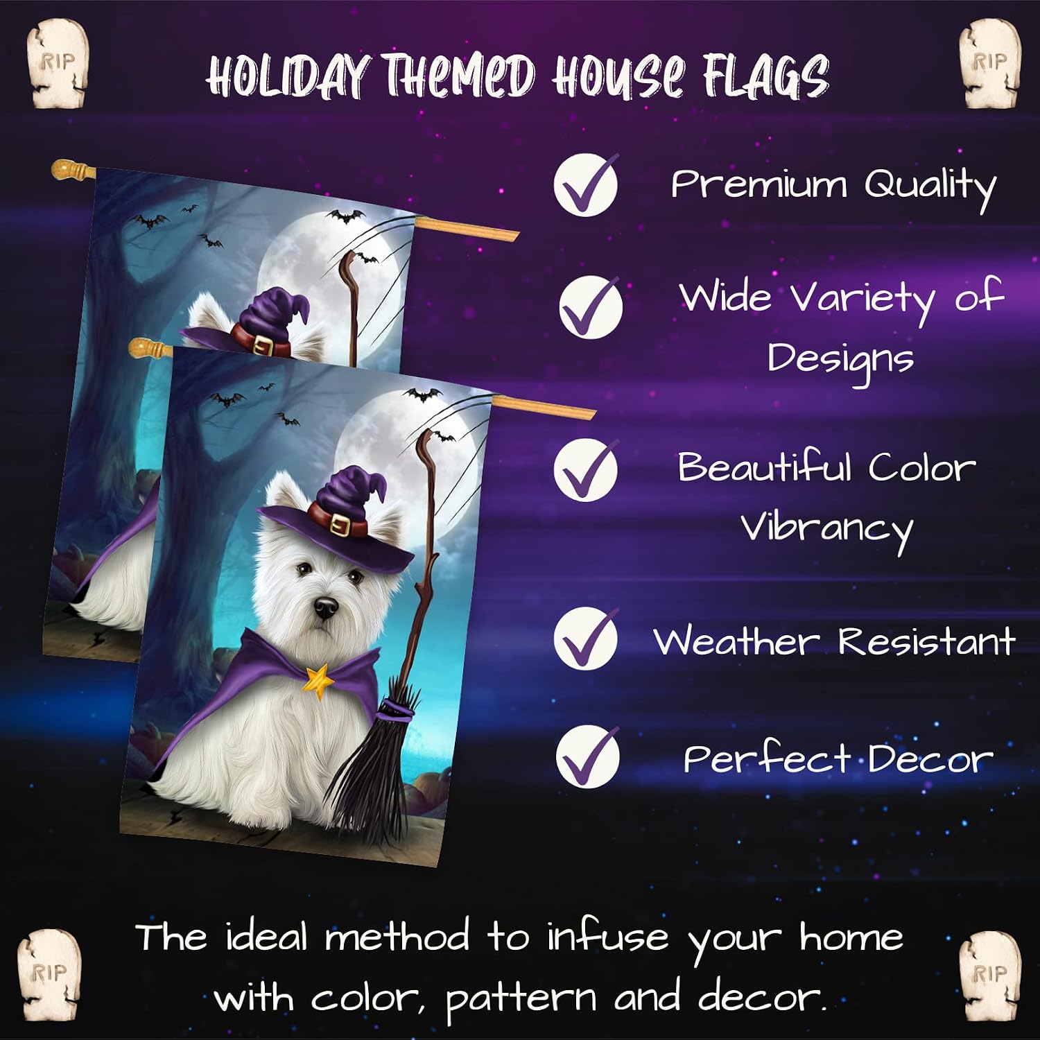 Halloween Trick or Treat Witch West Highland Terrier Dog House Flag - Outdoor Double Sided Pet Portrait Weather Resistant Premium Quality Home Decorative Flags - 100% Polyester 29"w x 43"h