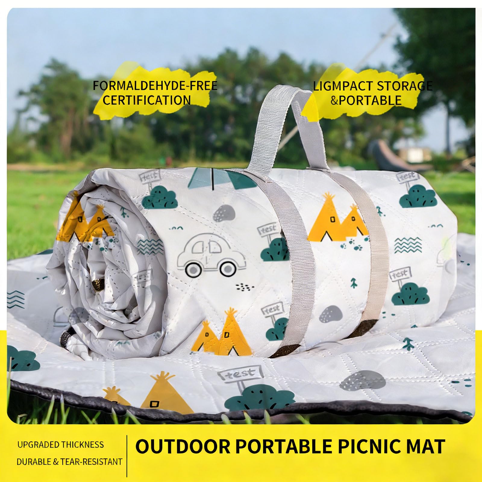 Tapis de pique-nique familial pour enfants 200*200cm Imperméable Couverture de camping Motif animaux,Nappe Pique Nique Pliable avec Poignée lavable en machine pour Plage,Picnic,Parc,Voyage