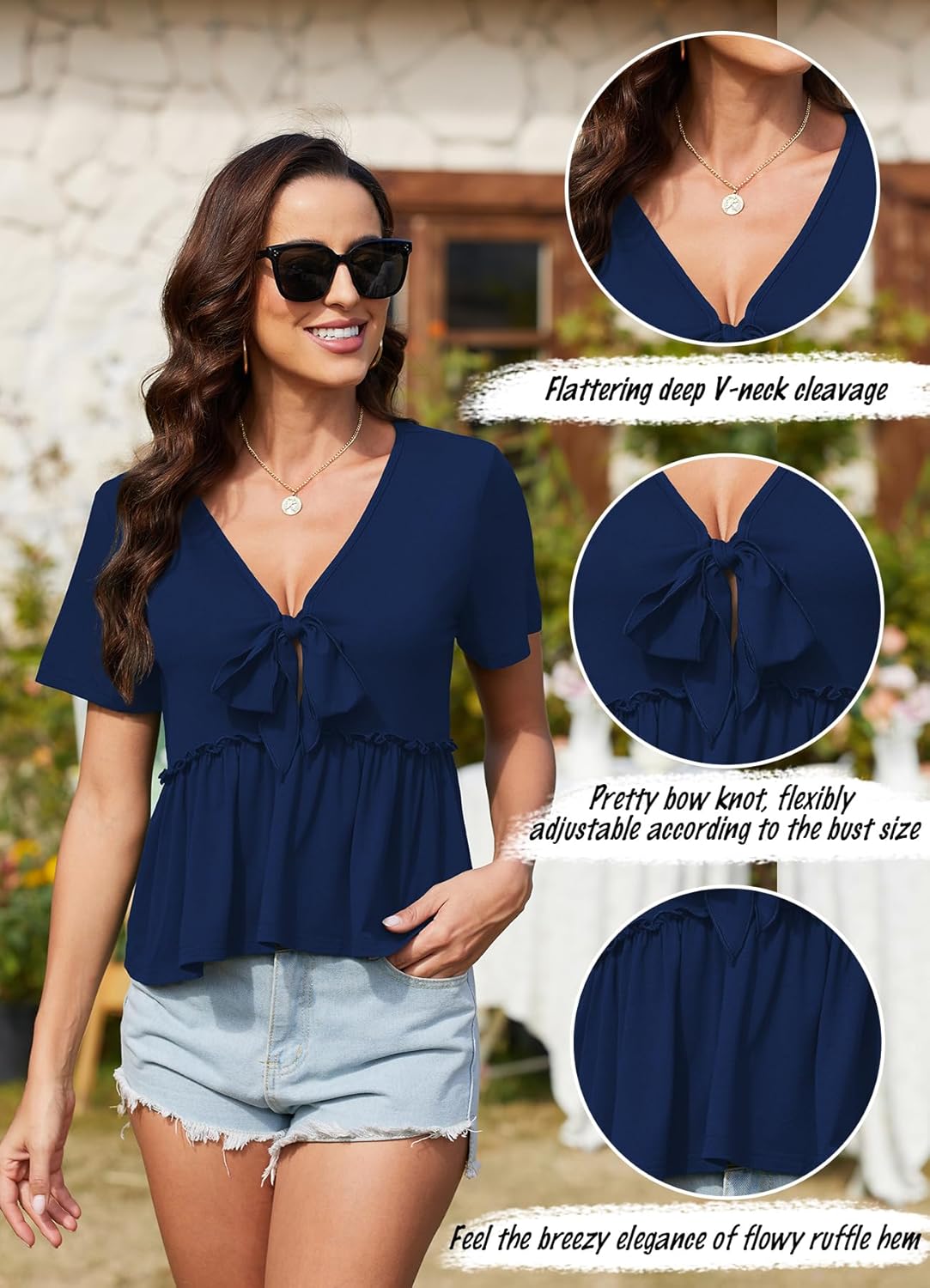 ArtJuly Womens Sexy V Neck Tops Summer Cute Ruffle Shirts Cutout Tie Bow Blouse Short Sleeve Crop Tops - Image 5