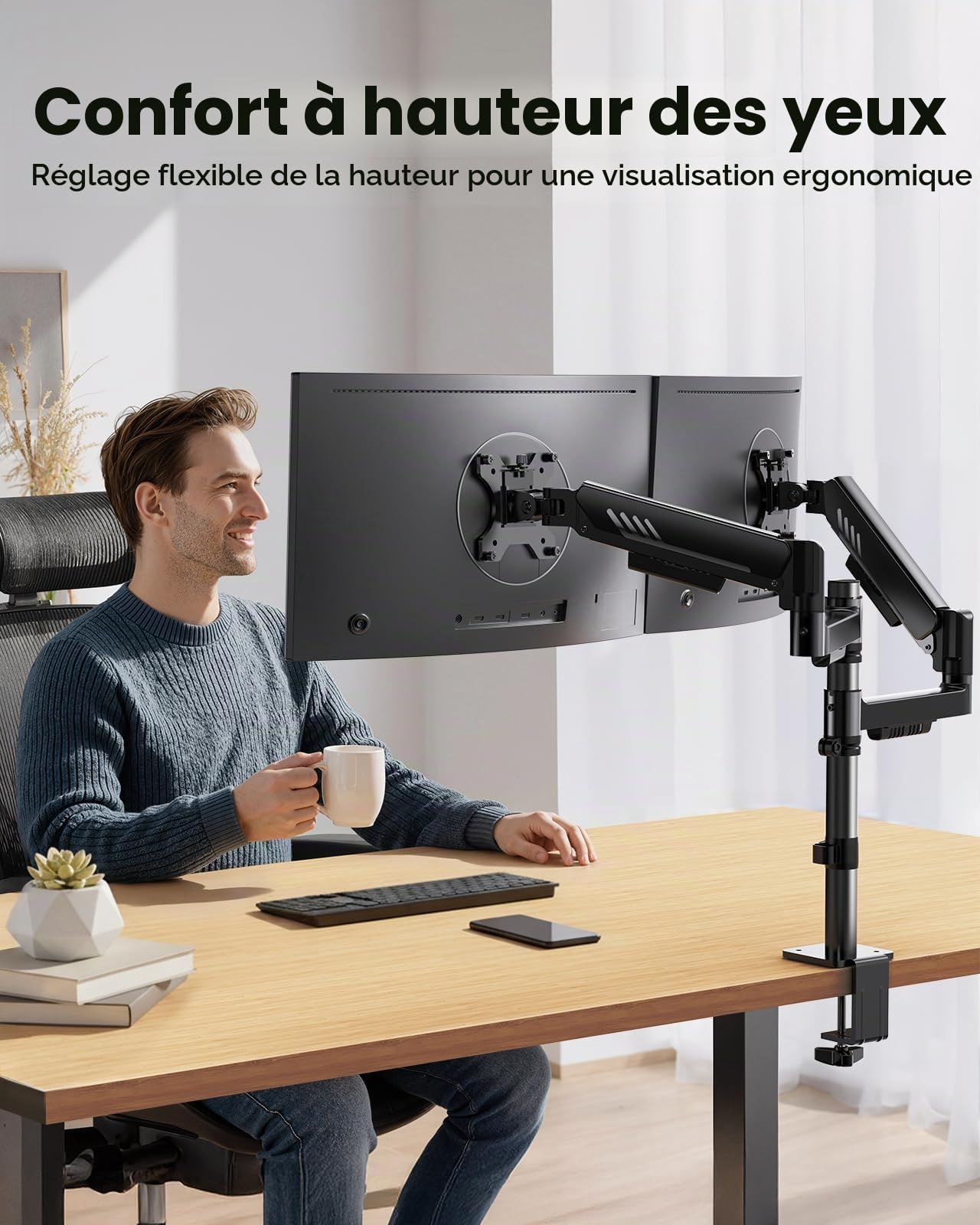 ErGear Support Ecran PC, Support Empilé pour Écrans 13 à 32 Pouces, 9 kg par Bras, Stabilité Améliorée avec Pince en C Intégrée, Gestion Câbles Améliorée, VESA 75 x 75/100 x 100 mm, Noir