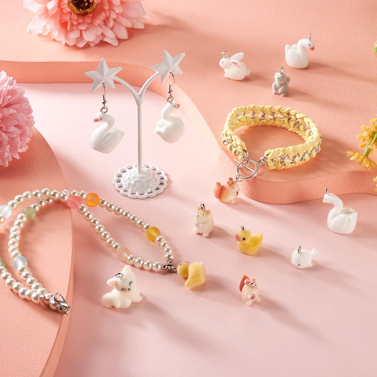 Cheriswelry 32Pcs8 Styles Resin Animal Pendants Flocky Resin Duck Rabbit Squirrel Dangle Charms with Alloy Findings 18-27mm for DIY Jewelry Necklace Earring Making - Image 5