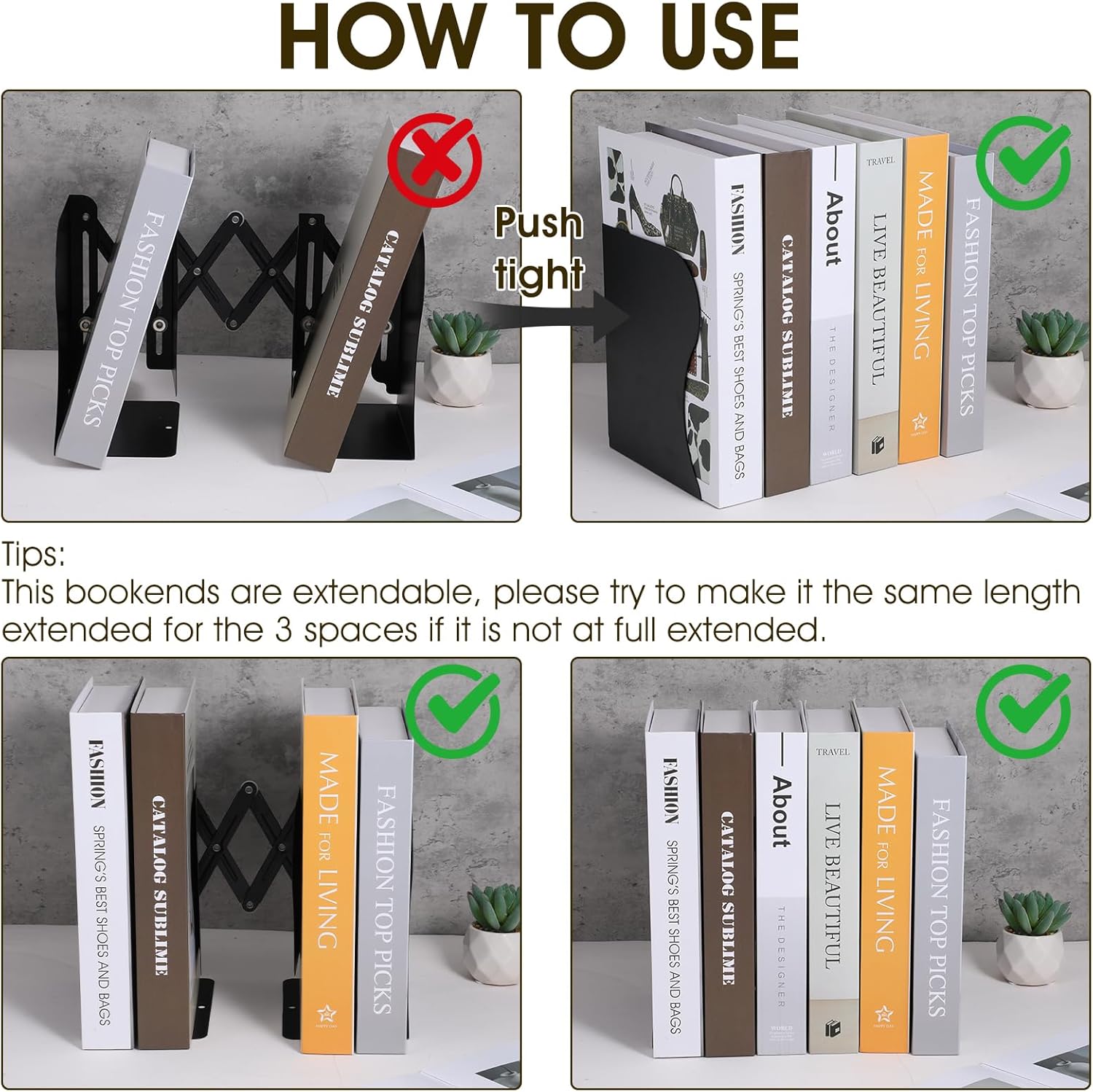 2 Pack Adjustable Bookends for Heavy Books - Expandable Book Ends to Hold Books Heavy Duty, Metal Book Organizer with Anti-Slip Design for Shelves, Desk & Office (Black)