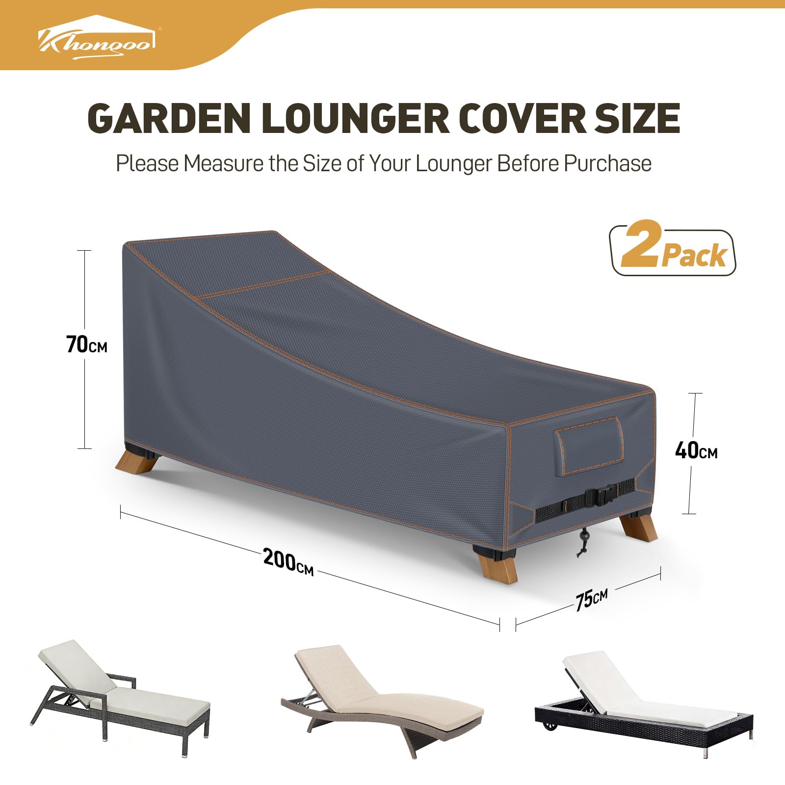 Confezione da 2 coperture per lettini prendisole, 200 x 75 x 70/40 cm, impermeabili, in tessuto Oxford 420D, per esterni, protezione dallo sbiadimento UV, resistenti agli strappi, antivento
