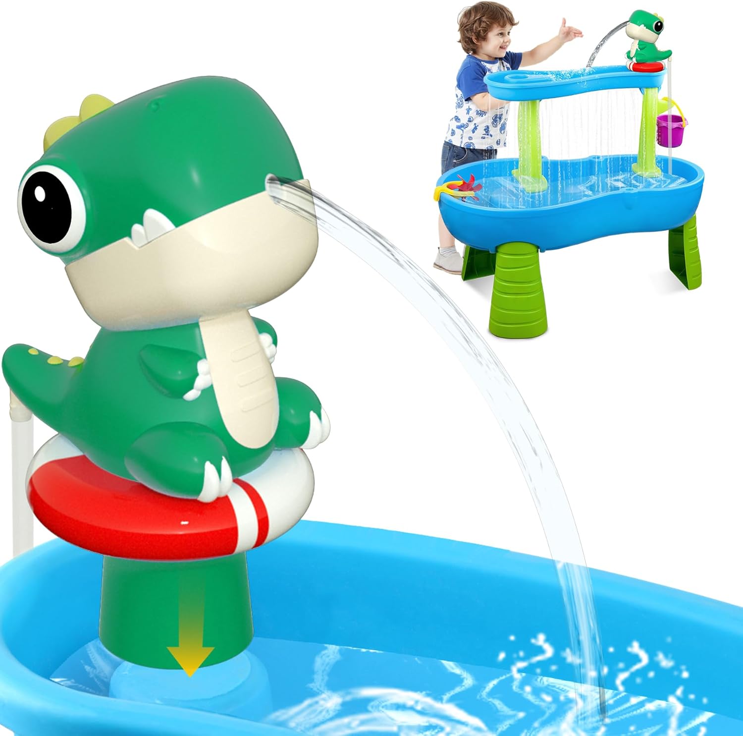 Water Table Pump Continuous Flow – Dinosaur Rechargeable Battery Powered Water Pump for Water Table Accessories – Summer Outdoor Water Play Toys for Kids Outside (Green)
