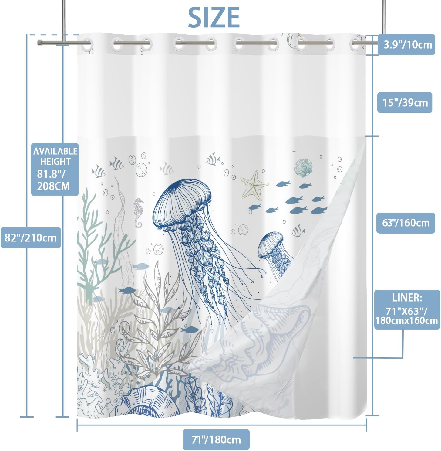 Hookless Ocean Shower Curtain with Snap in Liner Set - 71 x 82 Inch, Waterproof Jellyfish Bath Curtain for Kids and Nautical Bathroom with Mesh Top Window