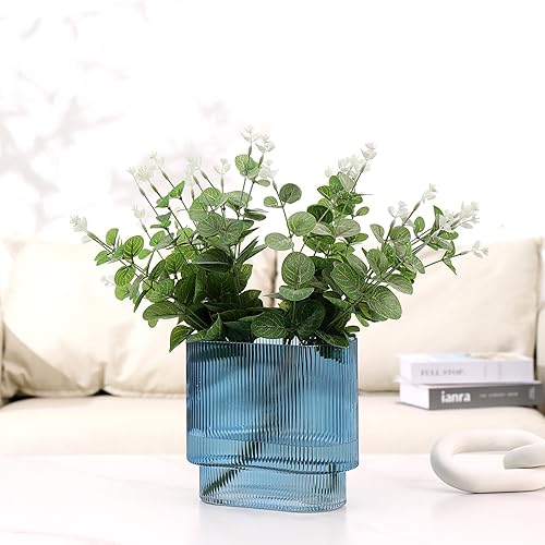 Miniatura 2 de YANWE1 Jarrón de vidrio azul, florero de vidrio acanalado, florero de vidrio estriado para flores, florero moderno, jarrón grande de vidrio para