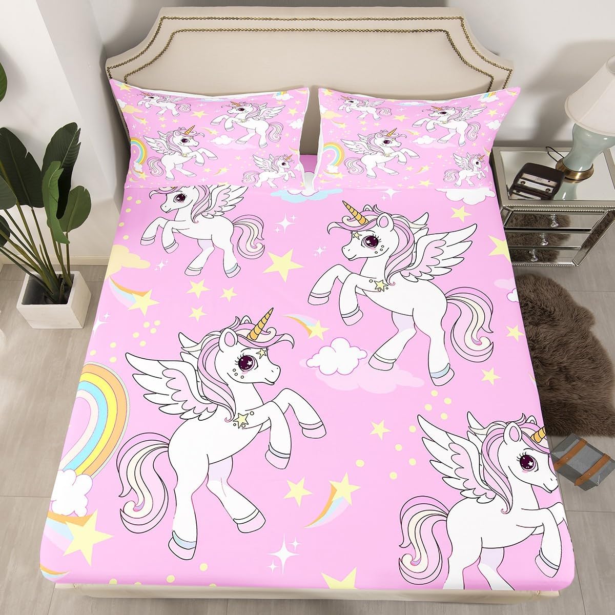 Manfei Cartoon Unicorn Fitted Sheet Set Full Size 4 Pcs,Princess Animal Horse Dreamy Wings Teens Sheets,Fantasy Clouds Stars Rainbow Pink Bedding Sets (1 Fitted,1 Flat,2 Pillowcases) Bed Sheets
