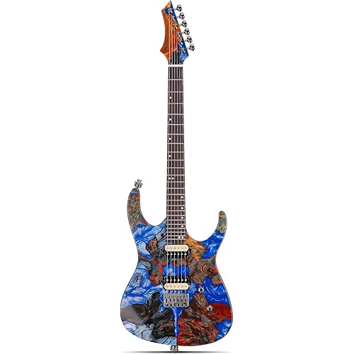 Leo Jaymz Electric Guitar Monsoon Deluxe Series, Reverse Headstock, Burl Top, Mahogany Body, Roasted Maple Neck, Rosewood Fretboard, Case and Capo (Blue Colorfule Deluxe)