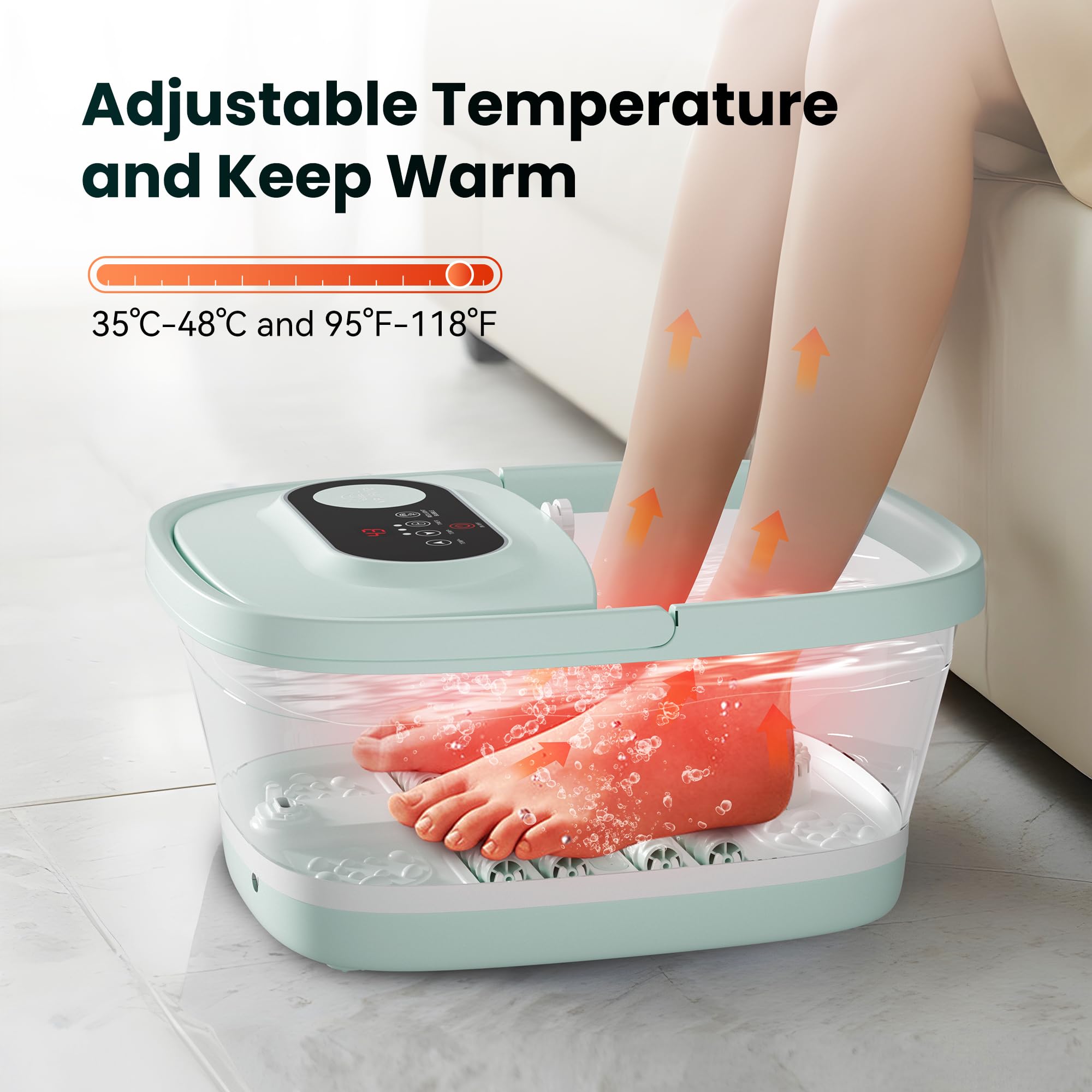 Snailax klappbares Fußbad mit Massage und Heizung, Fußsprudelbad mit 14 Heizstufen | Shiatsu-Rollen | Blasen | Rotlicht | Timer, Fußwanne elektrisch 35℃-48℃, faltbares Fußmassagegerät, Grün
