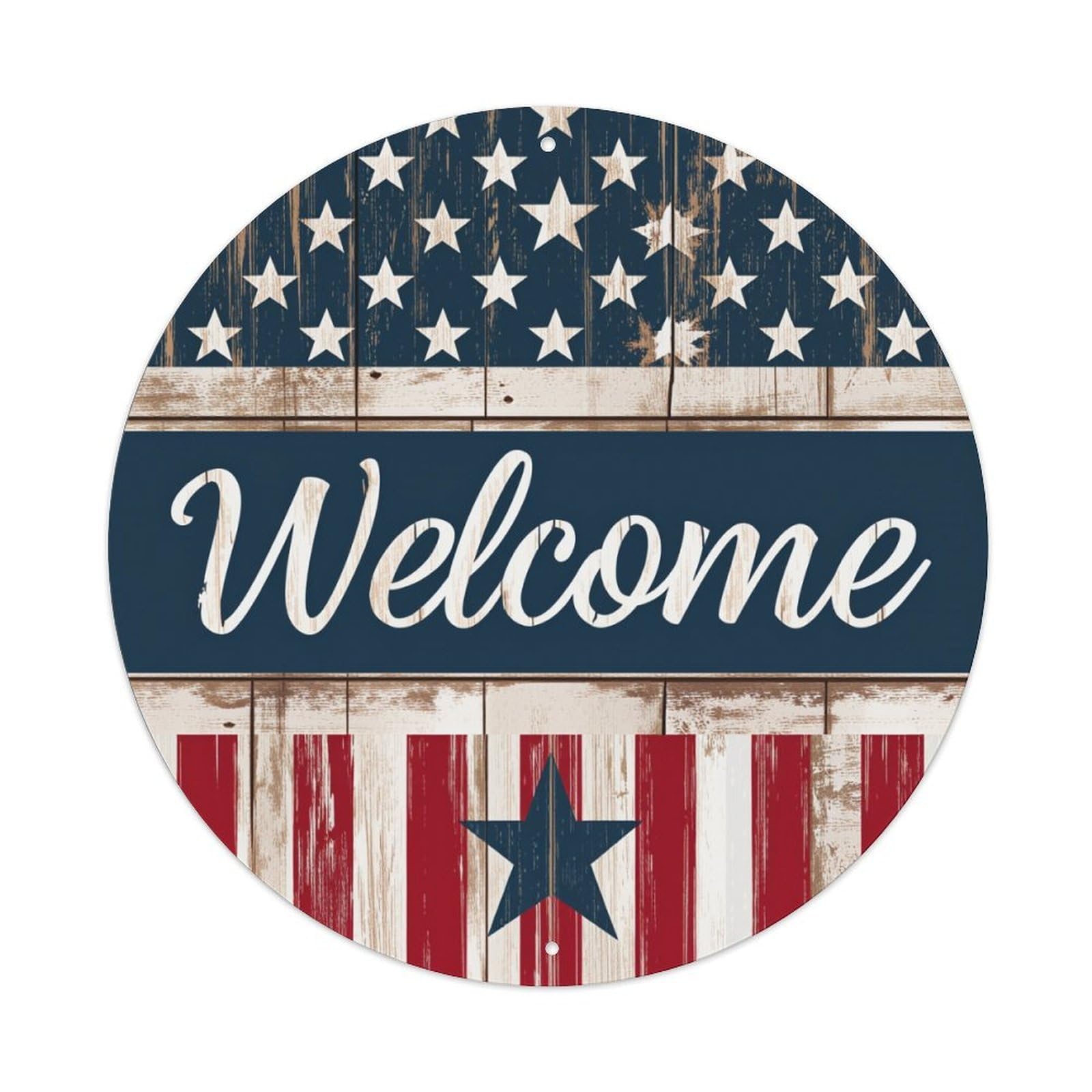 American Flag Wood Pattern Welcome Sign Round Tin Sign Vintage Metal Poster, Home Bar Garage Man Cave Cafe Indoor & Outdoor Wall Decoration 8x8Inches