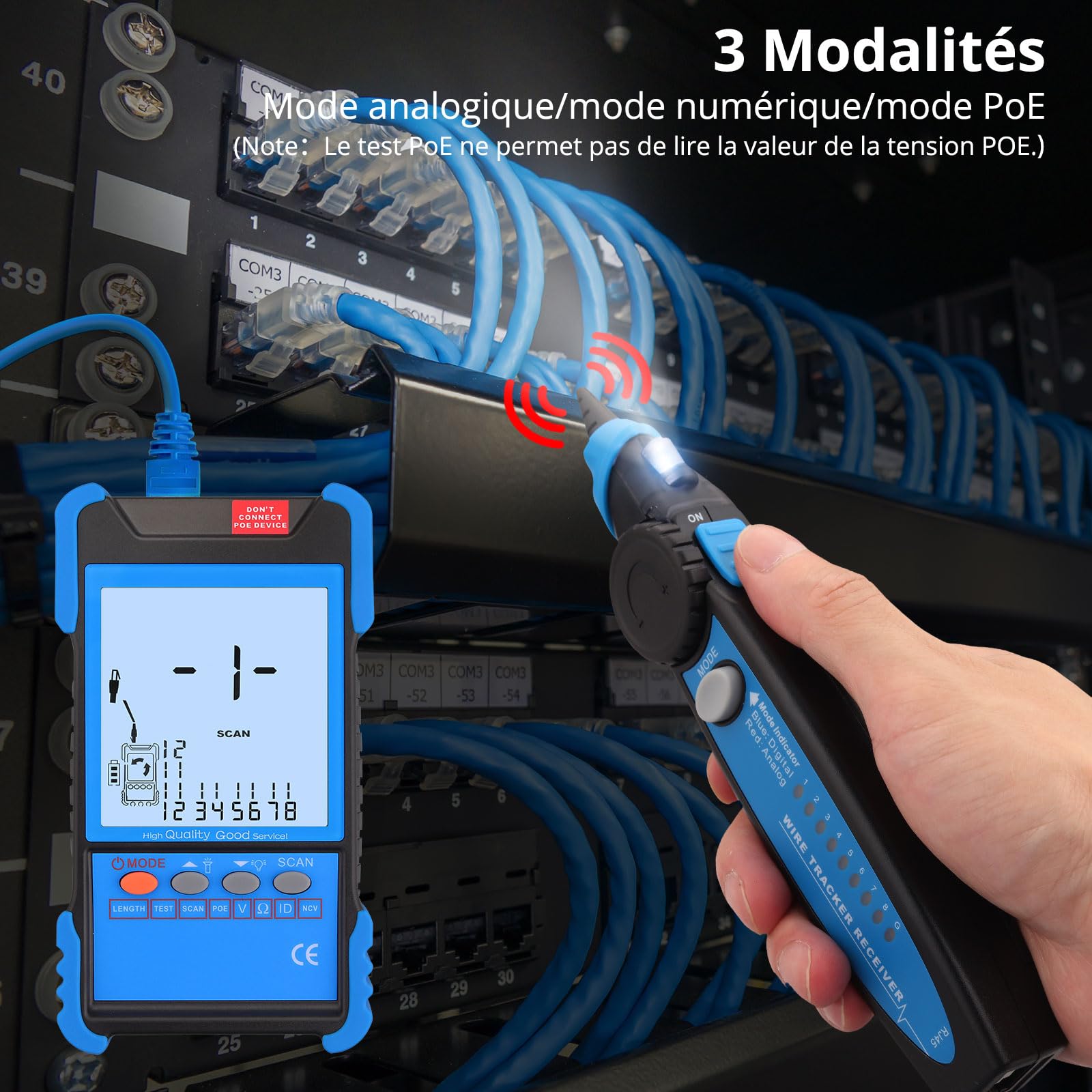 Testeur de Câble Réseau RJ45 RJ11 avec Écran LCD, Détecteur de Câble Fonction PoE & NCV Détecteur de Ligne Continuité Traqueur de Fil Multifonction pour CAT5 CAT6 CAT7 CAT8