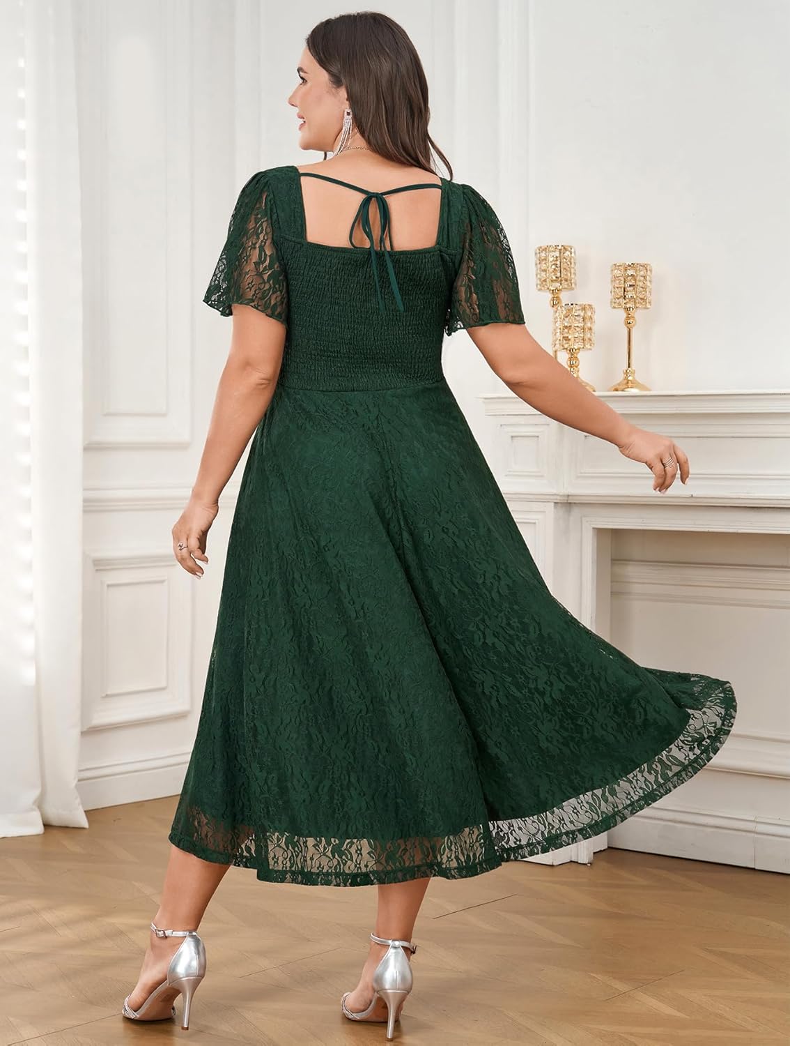 SCOMCHIC Womens Plus Size Wedding Guest Cocktail Lace Dress Sweetheart Neckline Short Sleeve Smocked Split Midi Dresses - Image 6