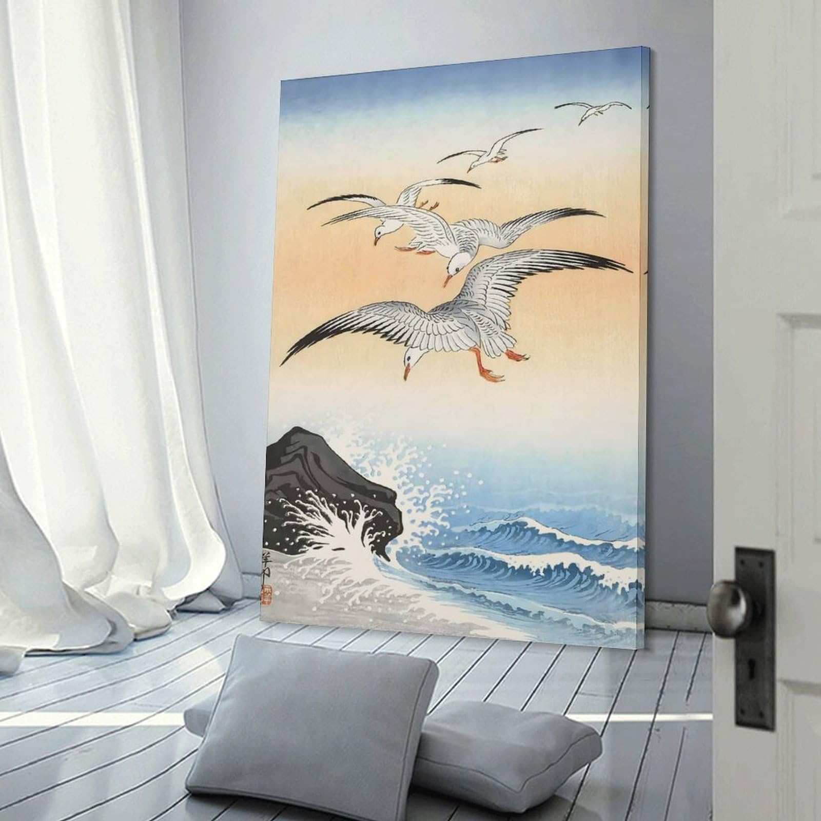 Junmoney Ukiyo E Five Seagulls Decorative Wall Artwork, 16x24inch(40x60cm), for Hallway, Lounge Or Guest Room, Decorative Present for New Homes