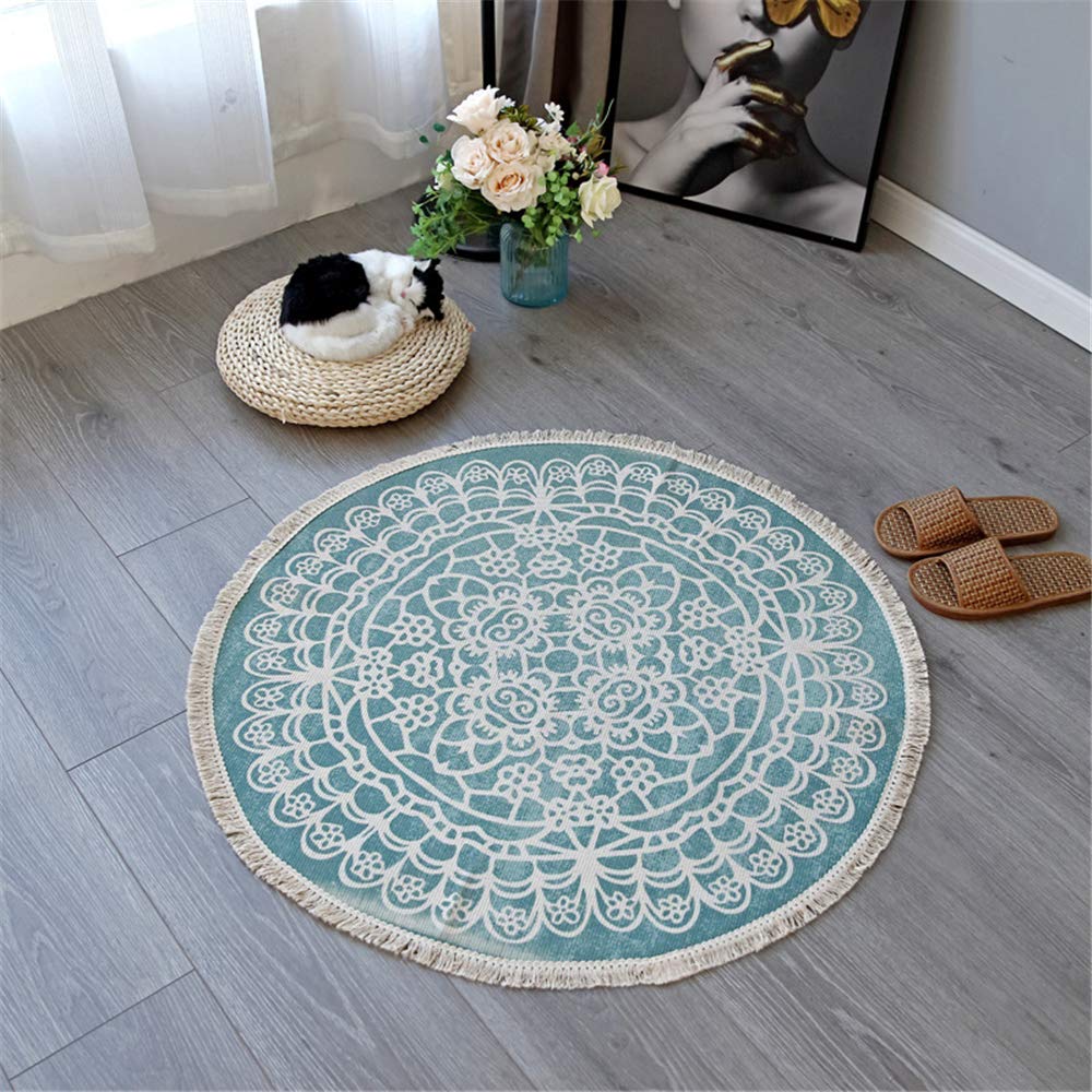 Morbuy Light Blue Round Area Rug Carpet Handmade Rug, Machine Washable Indian Floor Mats With Tassels Hand Woven Printed Kitchen Runner For Bedroom Living Room (92Cm,)