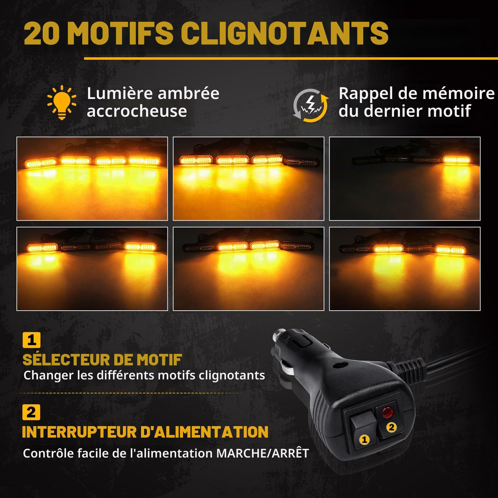 Lampe Stroboscopique Ambrée Pour Véhicules, 4PCS Feux LED Avec Boîte de Contrôle, 20 Modèles, 12V-24V Pour Voiture Van Camion