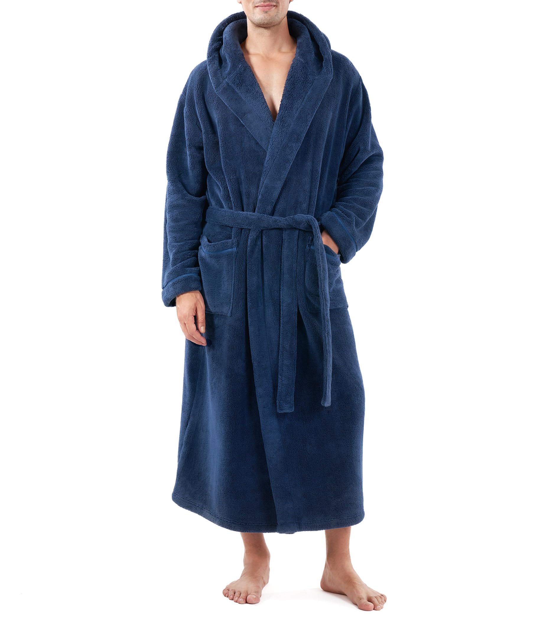 DAVID ARCHY Men's Hooded Robe Soft Coral Fleece Microfiber Bathrobe