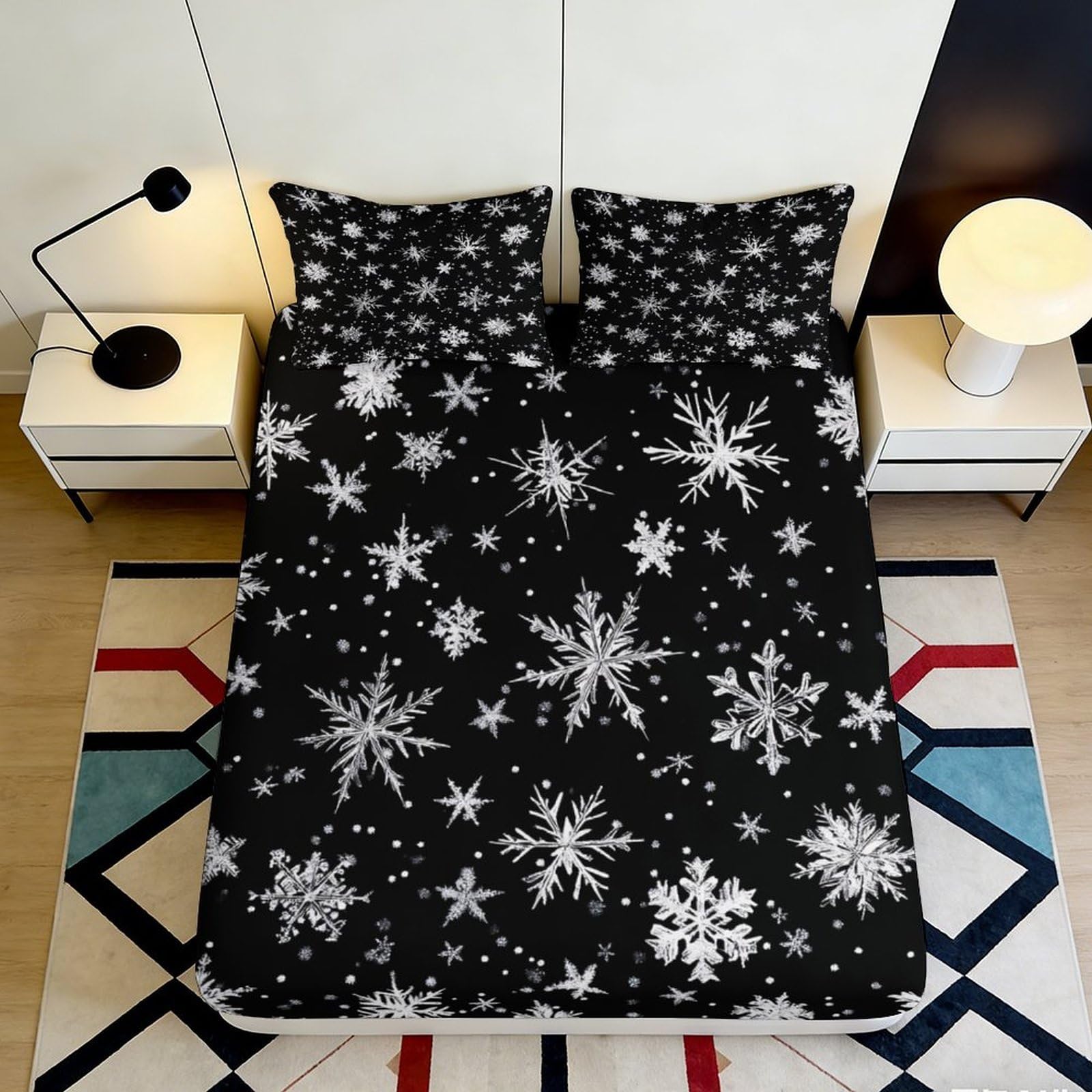 3D Printed Snowflake Fitted Sheet Microfiber Deep Pocket Bedroom Bedding Snowflake Mattress Fitted Cover Elastic Hem Washable 90x200x25cm