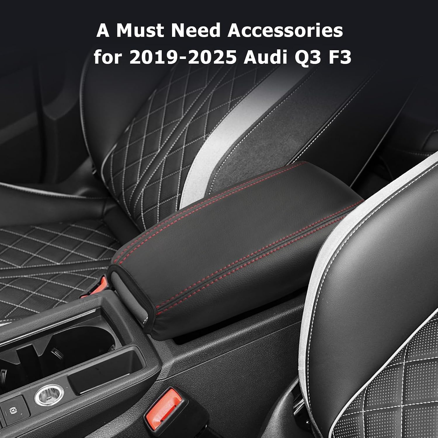 LUWU 2024 2025 Audi Q3 Center Console Cover Compatible with Q3 2019 2020 2021 2022 2023 2024 2025 Accessories Q3 F3 Armrest Cover Armrest Console Cover PU Leather Material (Thin Black)