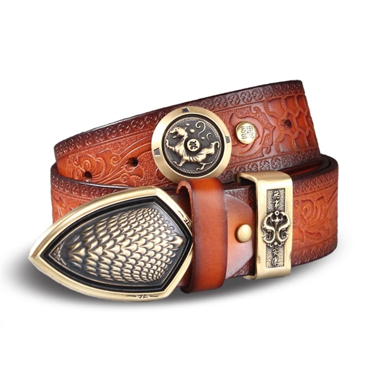Cintura Uomo Men's Belt 3,8 cm Fatti Fatti a Mano Scala della Piuma in Rame Scudo Vera Cinture Maschi di Cinghia for Uomo Donna Cinghia di Fibbia Vintage in Mezzo