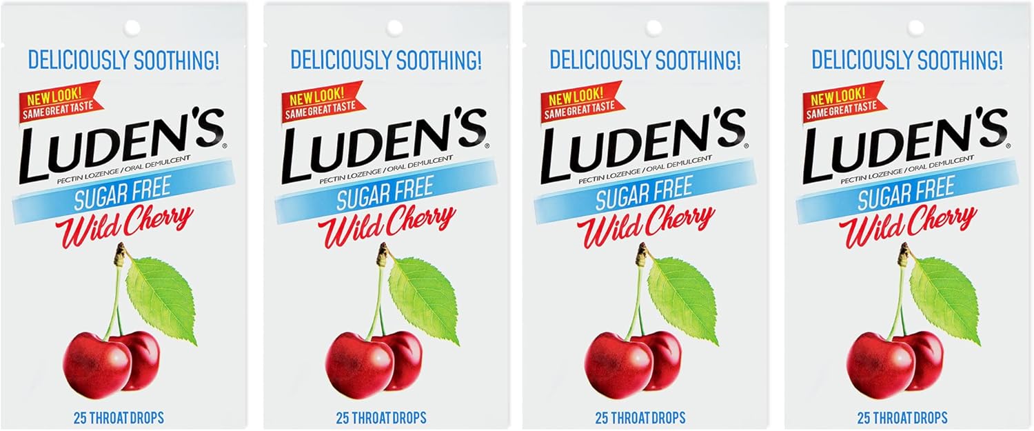 Luden's Deliciously Soothing Throat Drops | Sugar-Free | Wild Cherry Flavor | 25 Count Each | Pack of 4 : Health & Household
