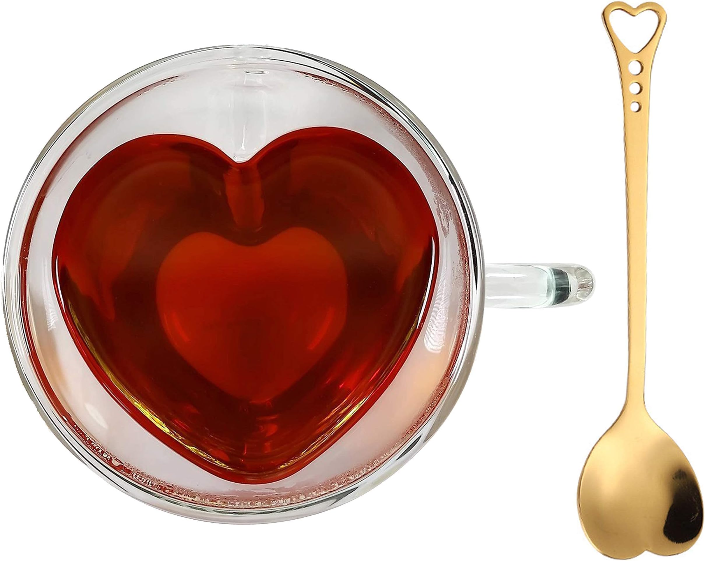 Heart Shaped Cup - Double Walled Insulated Glass Coffee Mug or Tea Cup - Double Wall Glass 8oz (240ml) - Clear - Unique & Insulated with Handle - With Teaspoon