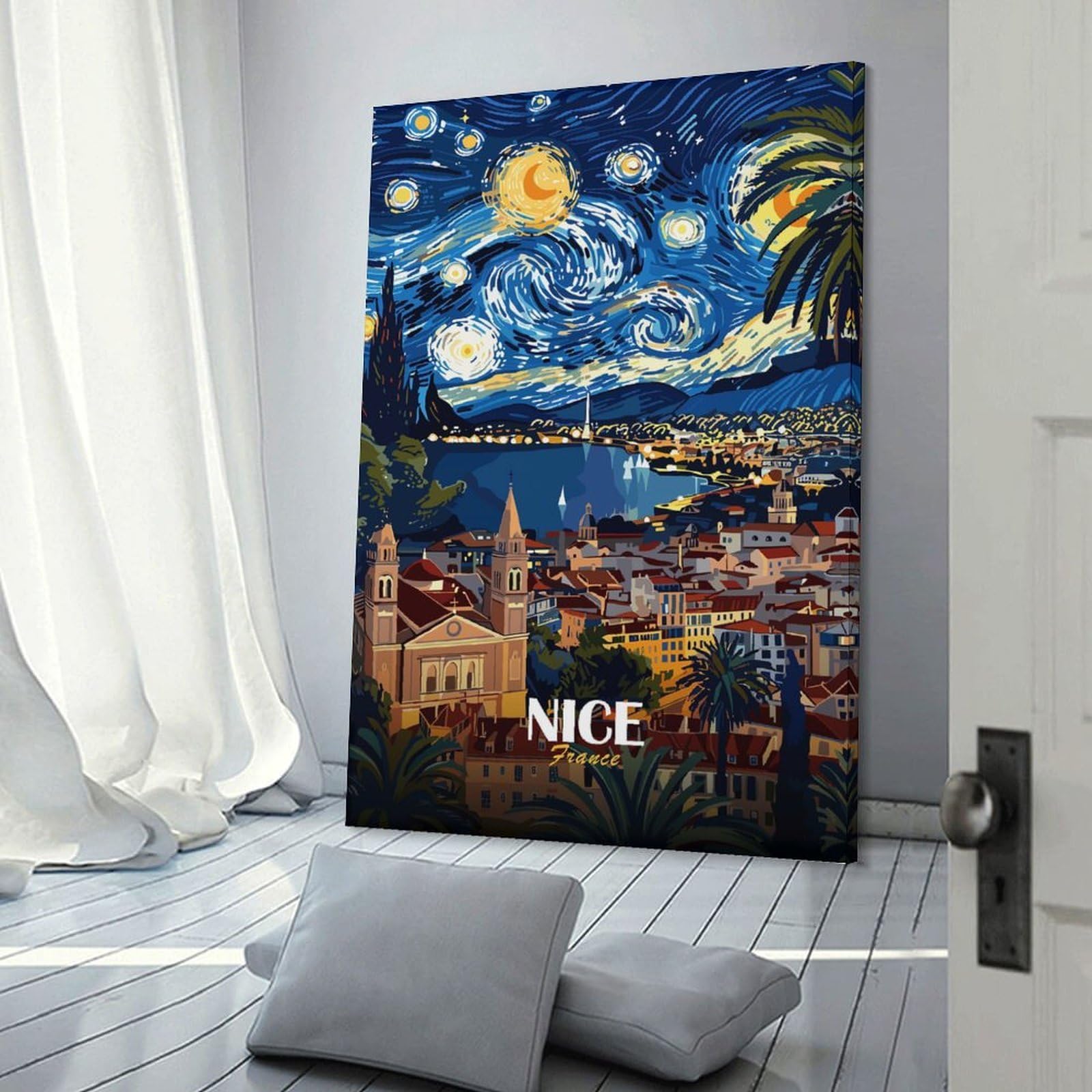 Junmoney Nice, France, Starry Night Inspired Art Wall Art Print, 24x36inch(60x90cm), for Entryway, Lounge Links Or Small Walls, Decorative Wall Art for Narrow Spaces