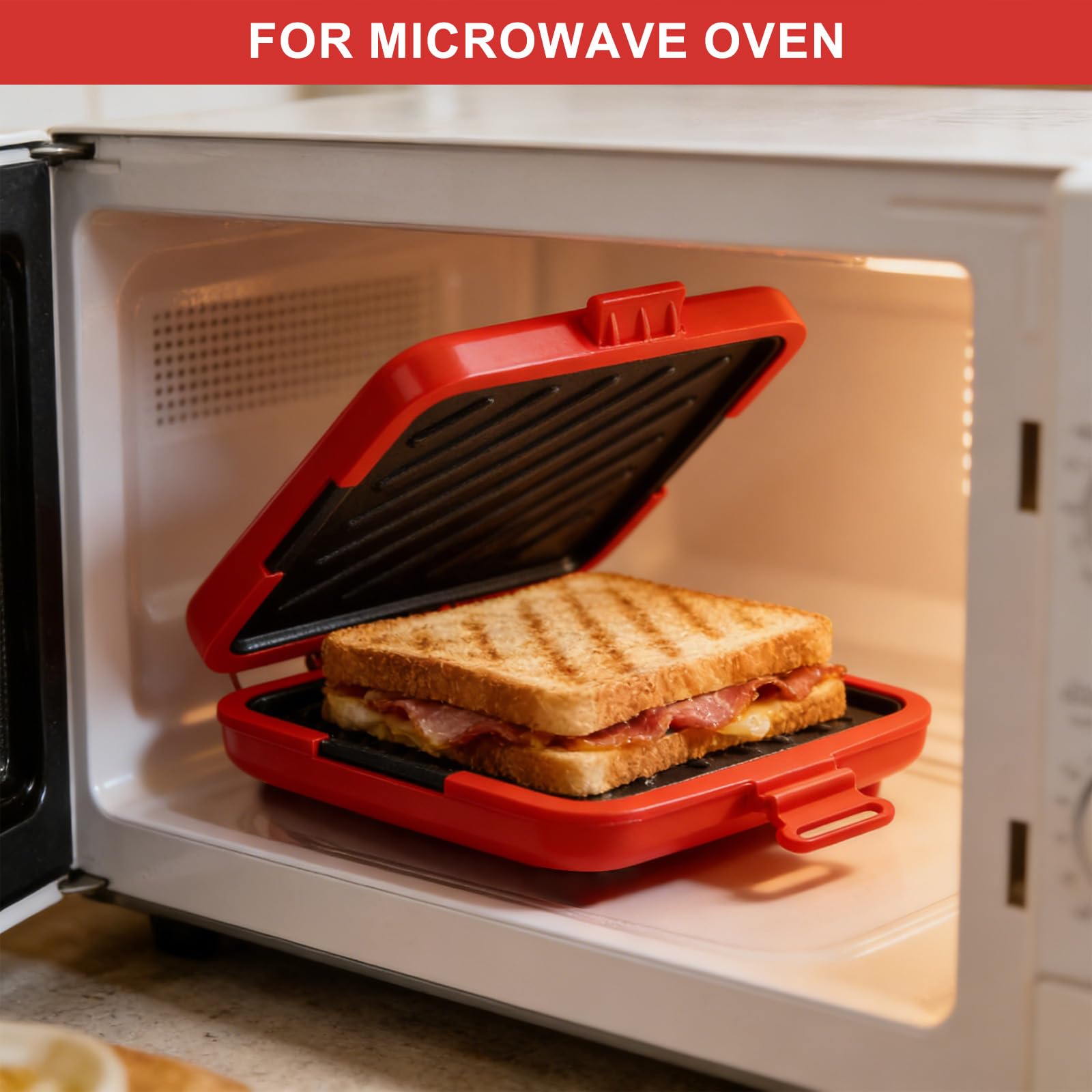 Sandwichera y gofrera, sandwichera para microondas, tostadora de sándwich antiadherente Placas antiadherentes Paneles sándwich inalámbricos Tostadora apta para microondas (Rojo)
