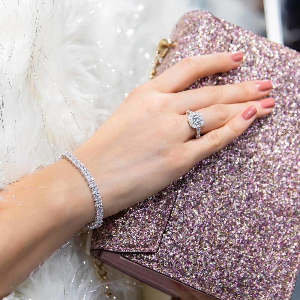 BERRICLE Sterling Silver Halo Wedding Engagement Rings Octagon Sun Cut Cubic Zirconia CZ Vintage Inspired Art Deco Ring for Women, Rhodium Plated Size 4-10