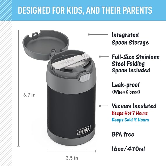 THERMOS FUNTAINER Insulated Food Jar, 16 Ounce, Kid Friendly Thermos Food Jar with Foldable Spoon, Matte Charcoal