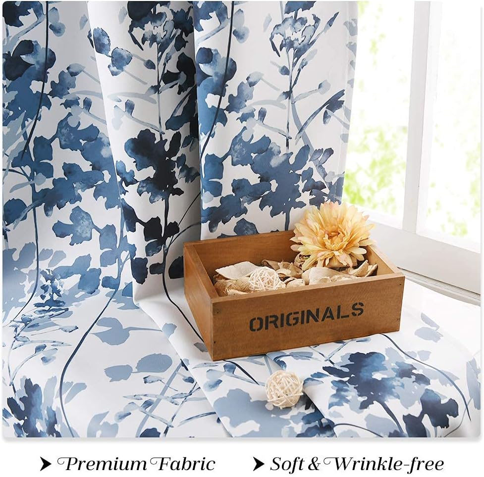 KGORGE Blackout Curtains & Drapes Boho Home/Office Artistic Decor with Vivid Watercolor Floral Painting Thermal Insulated Energy Efficient Shades for Bedroom Living Room (Blue, W 52" x L 84", 1 Pair)