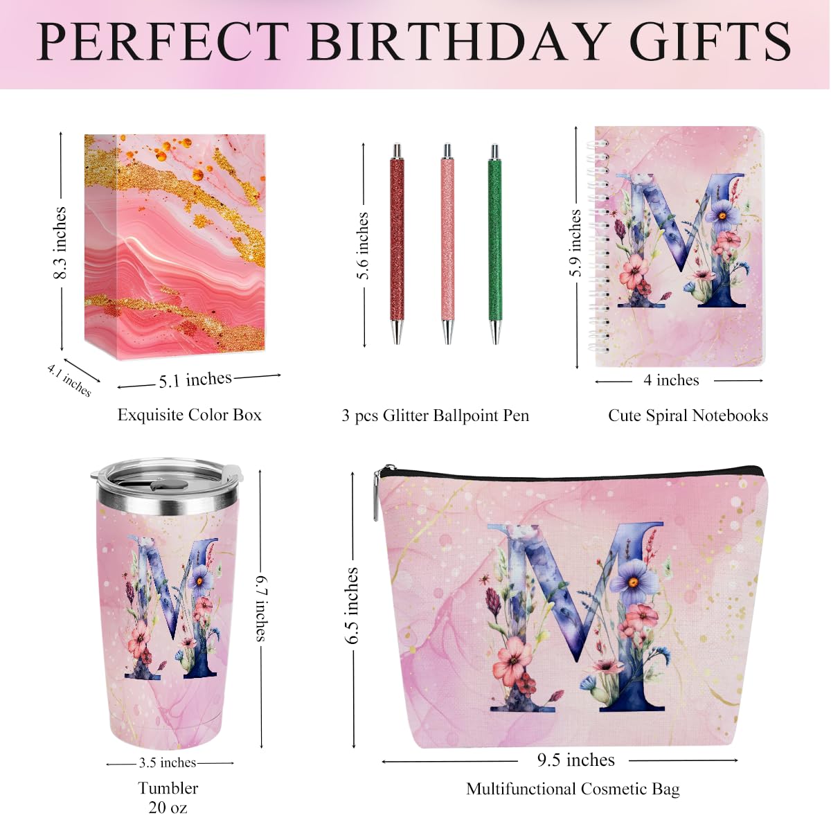 Personalized Gifts Monogrammed Birthday Gifts for Women, Her, Teacher Mother in Law Wedding Christmas Initial 20 oz Tumbler, Makeup Bag Cup Pens Journal Notebook 6 Set, (Aesthetic Pink Flower M)