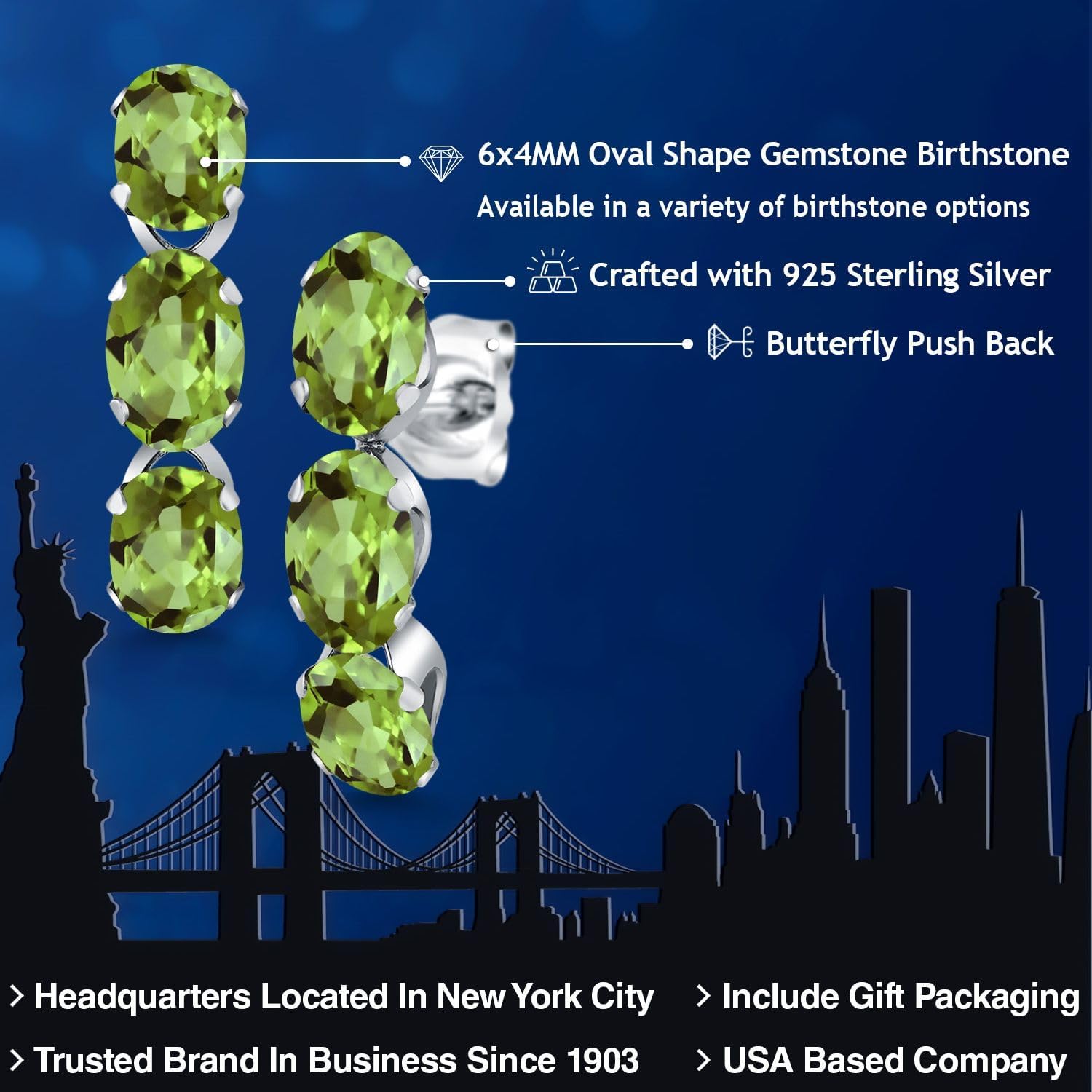 Gem Stone King Oval Gemstone Birthstone 3-Stone Dangle Earrings For Women | 925 Sterling Silver | Oval 6X4MM | Fine Jewelry Gifts for Women Mom Wife Her