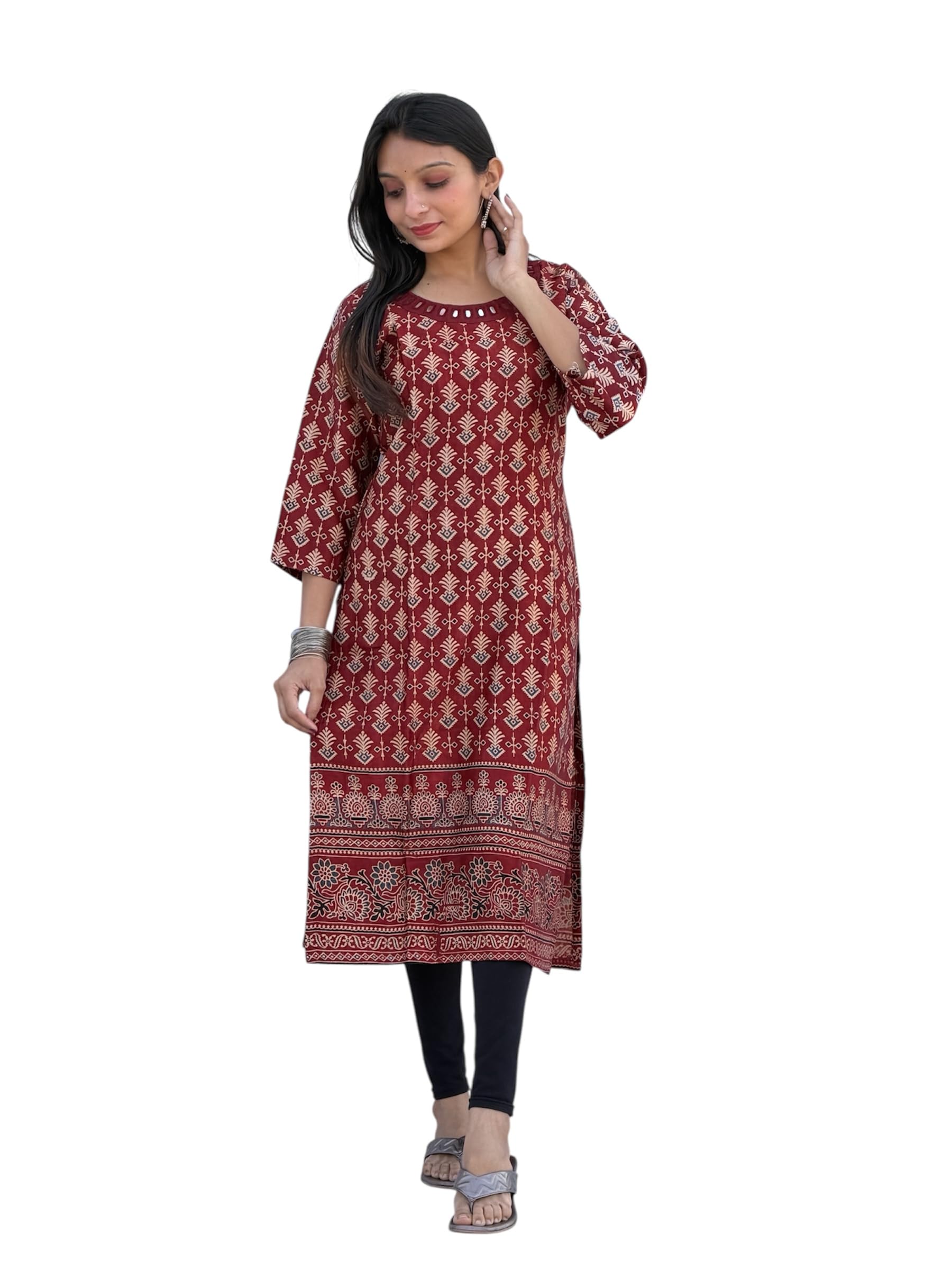 Women's Modal Silk Printed Kurti, Round Neck with Mirror Work, 3/4 Sleeves, Ethnic Floral Block Print-image-27